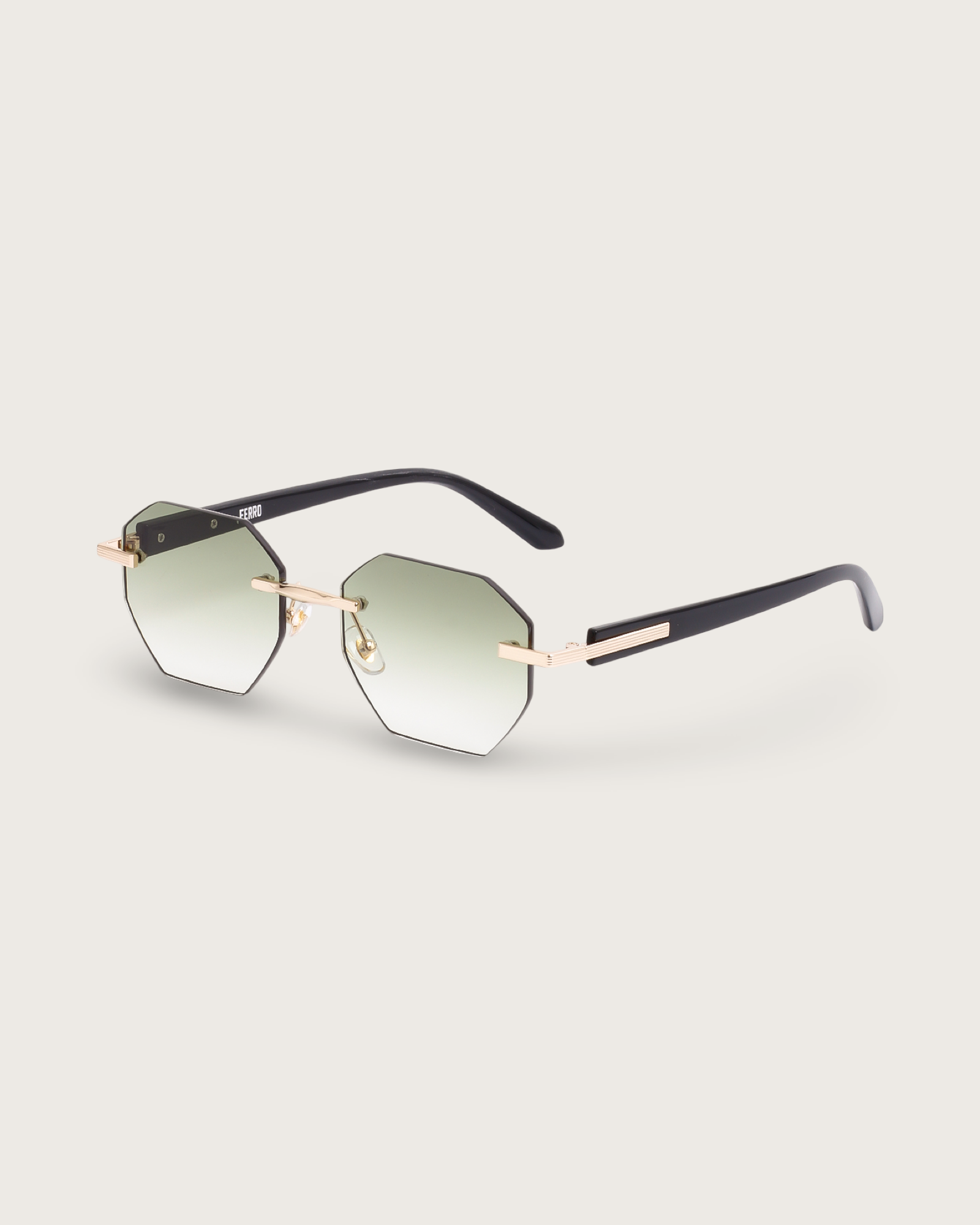 Vanta III sunglasses with soft green gradient lenses and black acetate frame featuring gold detailing.