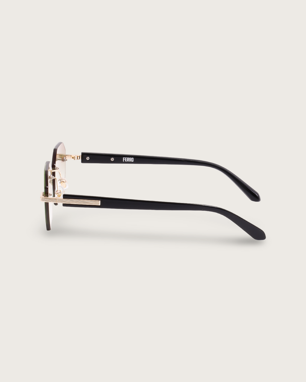 Side view of Vanta III glasses with sleek black acetate arms and gold detailing.