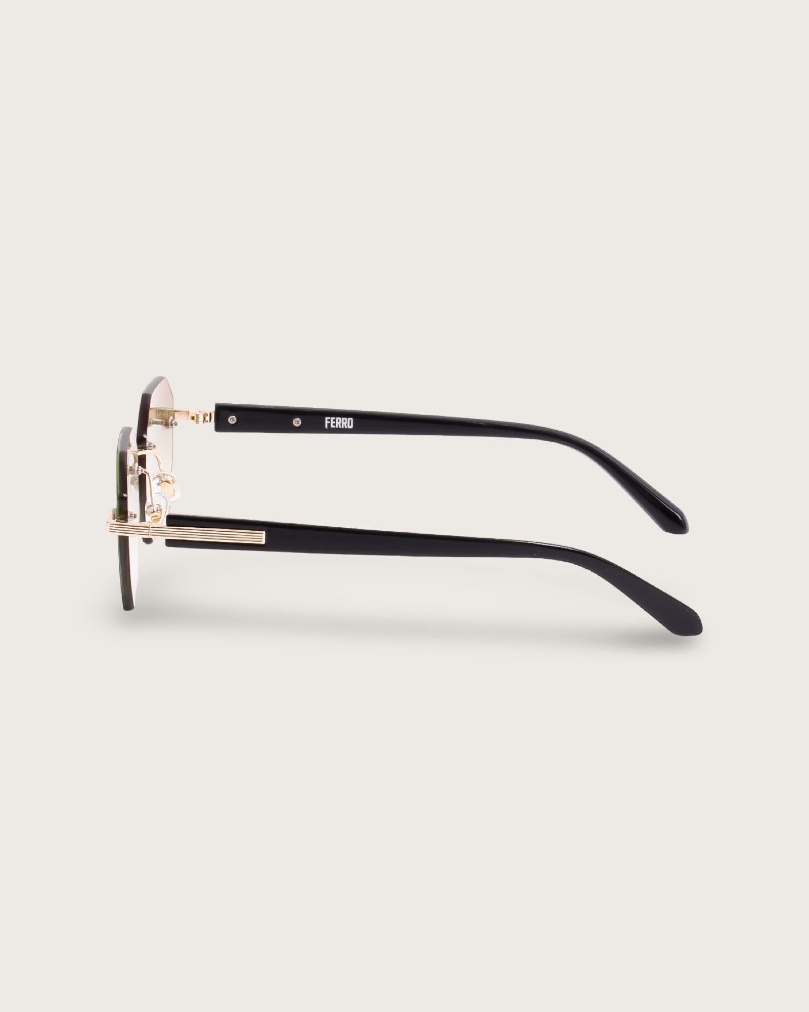 Side view of Vanta III glasses with sleek black acetate arms and gold detailing.
